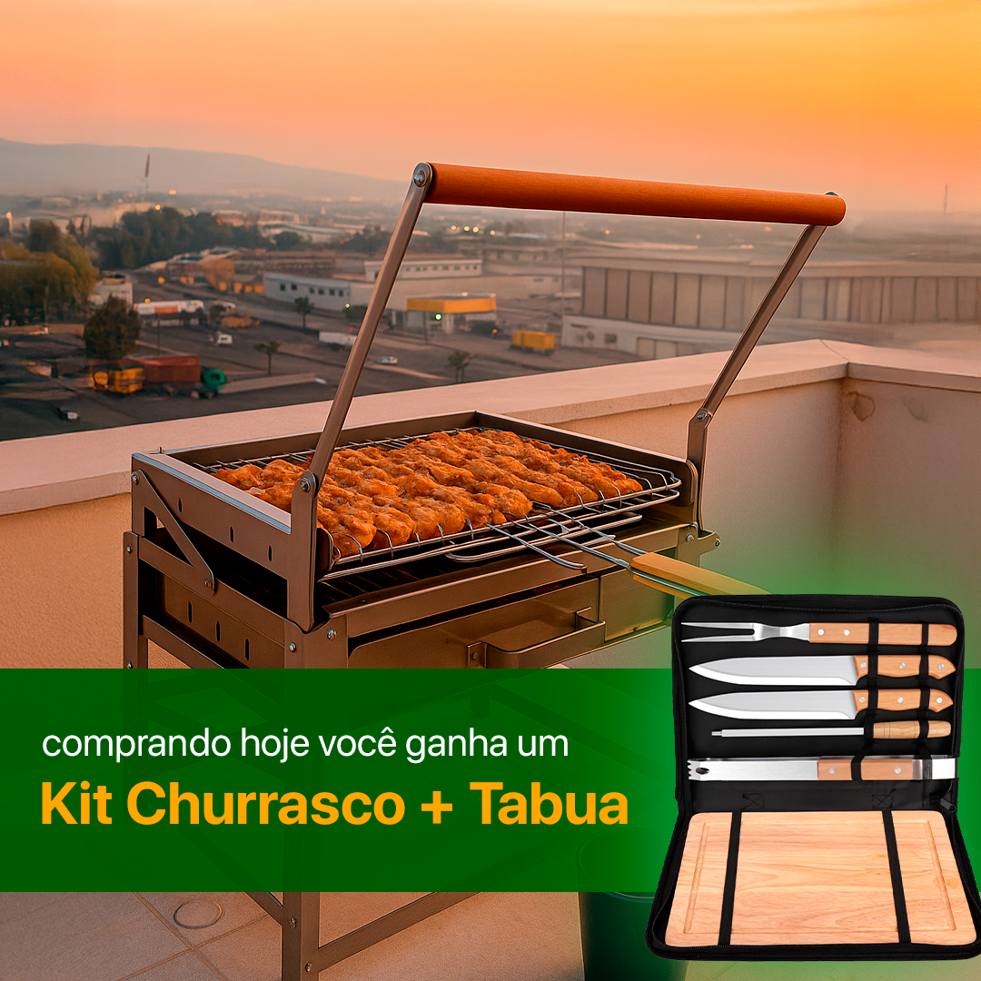 Churrasqueira com Grelha Giratória 360° + Kit Churrasco com Tabua